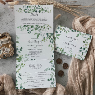 Calligraphy Script Green Foliage Wedding Tri-Fold Invitation
