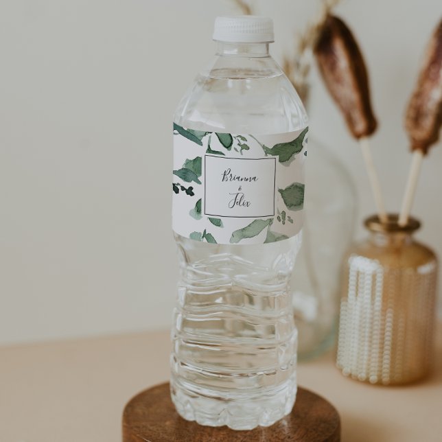 Calligraphy Script Green Foliage Wedding  Water Bottle Label (Creator Uploaded)