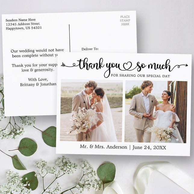 Calligraphy Script Heart 2 Photo Wedding Thank You Postcard (Customize to change your personalized text size or text style.)