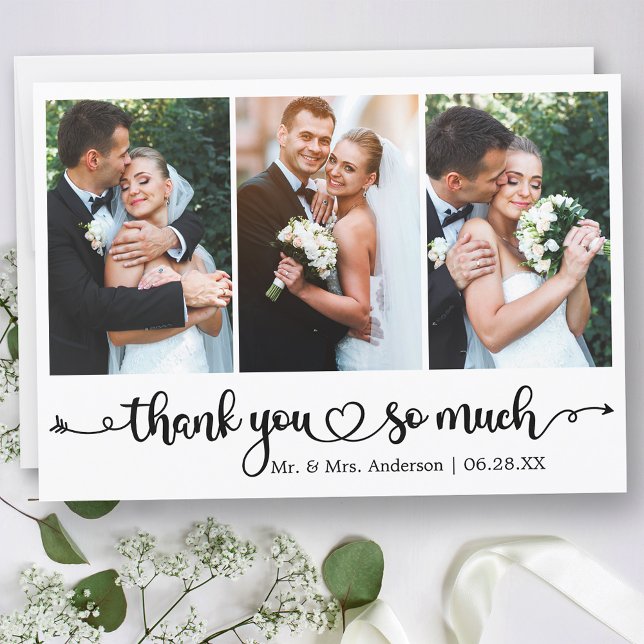 Calligraphy Script Heart 3 Photo Wedding Thank You Card (Customize to change your personalized text size or text style.)