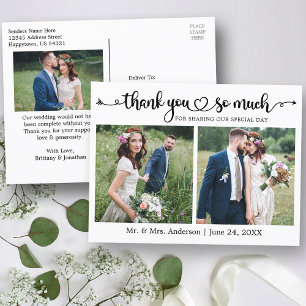 Calligraphy Script Heart 3 Photo Wedding Thank You Postcard