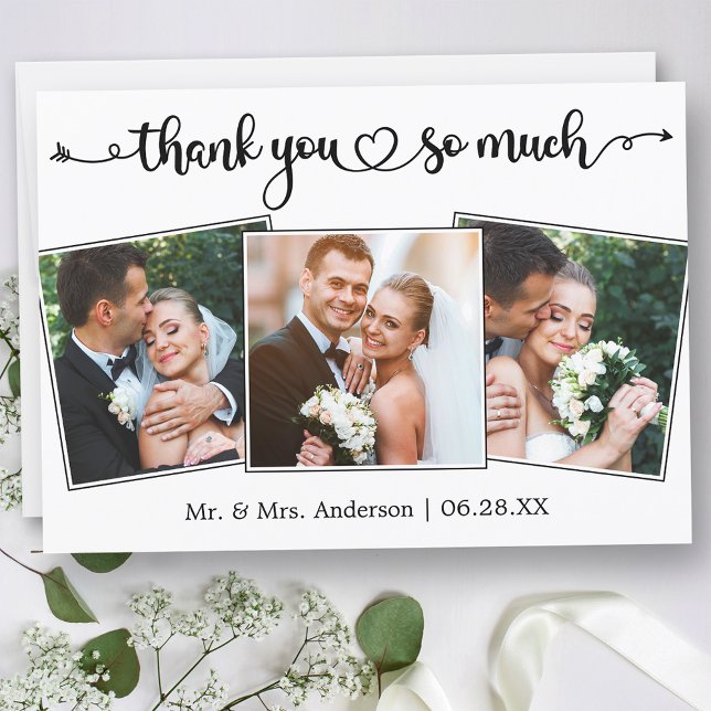 Calligraphy Script Heart 3 Photos Wedding Thank You Card (Customize to change your personalized text size or text style.)