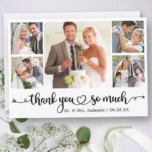 Calligraphy Script Heart 5 Photo Wedding Thank You Card