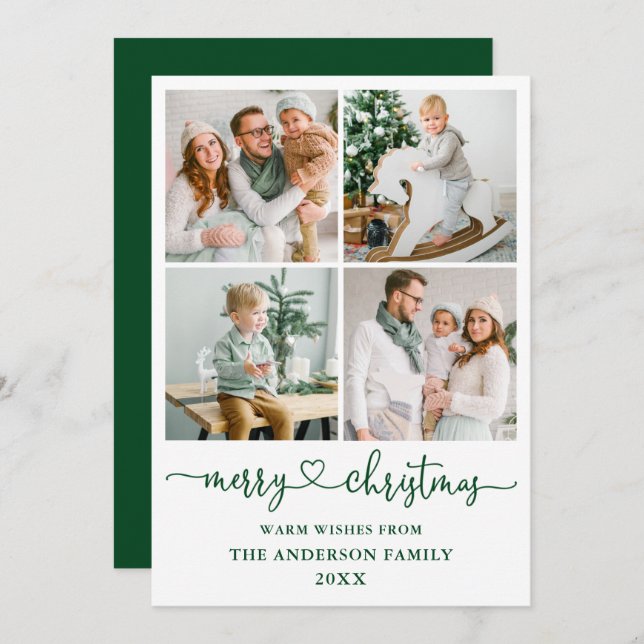 Calligraphy Script Heart Christmas 4 Photo Green Holiday Card (Front/Back)