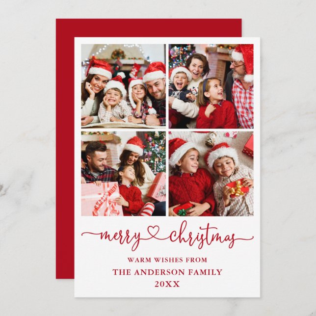 Calligraphy Script Heart Christmas 4 Photo Red Holiday Card (Front/Back)