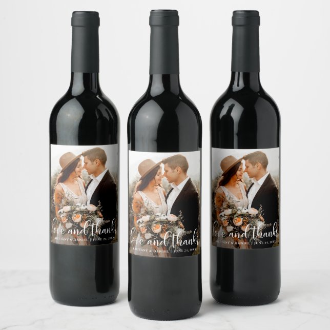 Calligraphy Script Love and Thanks Photo Wedding Wine Label (Bottles)