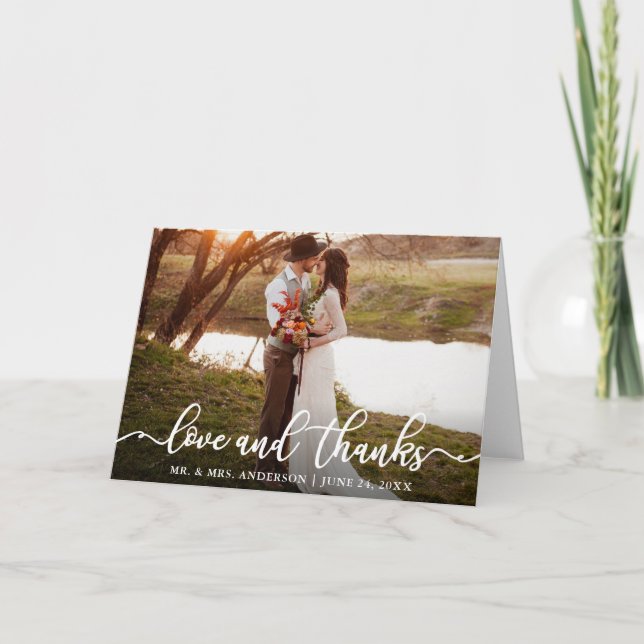 Calligraphy Script Love Thanks Wedding Photo Fold Thank You Card (Front)