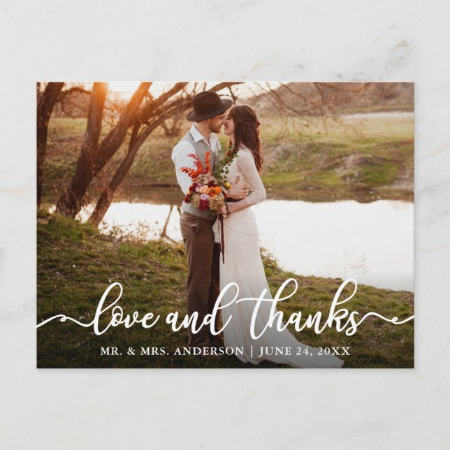 Calligraphy Script Love Thanks Wedding Photo Postcard (Front)