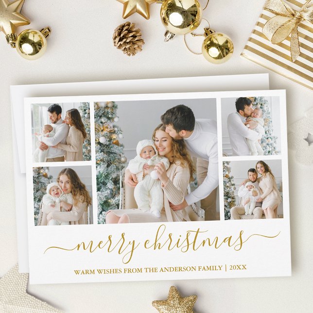 Calligraphy Script Merry Christmas 5 Photo Gold Holiday Card (Customize to add text to back of card.)