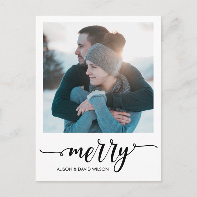 Calligraphy Script Merry Personalised Photo Holiday Postcard (Front)