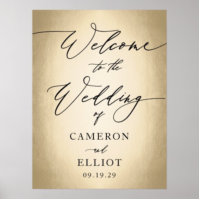 Calligraphy Script On Gold Welcome Wedding Sign (Front)