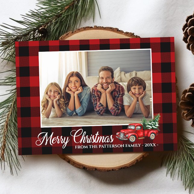 Calligraphy Script Photo Buffalo Plaid Red Truck Card (Available in high quality print or digital download for quick text messaging, email or self print.)