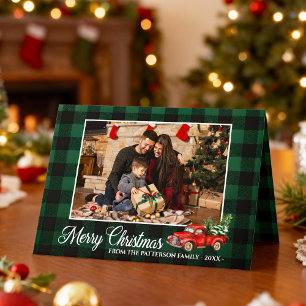 Calligraphy Script Photo Green Plaid Red Truck Holiday Card