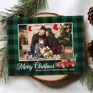 Calligraphy Script Photo Green Plaid Red Truck Postcard