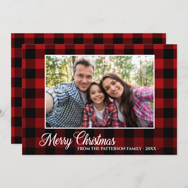 Calligraphy Script Photo Red Plaid Christmas Card (Front/Back)