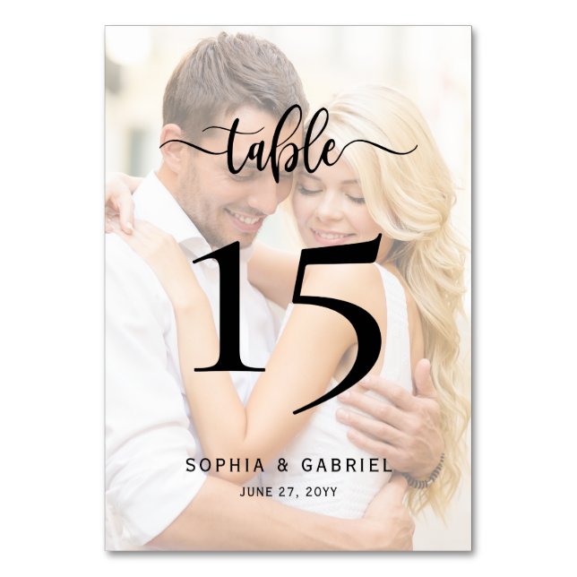 Calligraphy Script Photo Wedding Double Sided Table Number (Front)