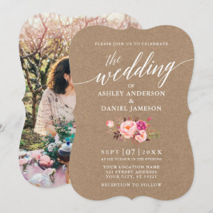 Calligraphy Script Pink Floral Wedding Kraft Photo Invitation