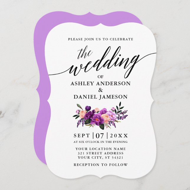 Calligraphy Script Purple Violet Floral Wedding Invitation (Front/Back)
