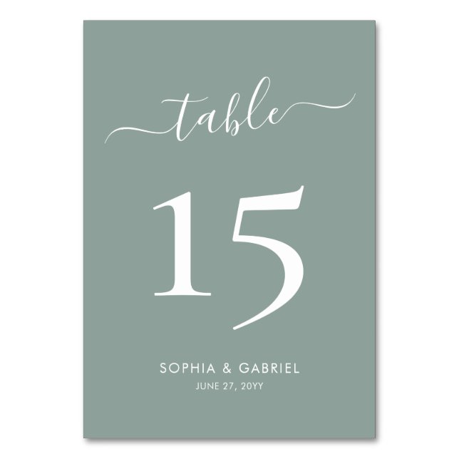 Calligraphy Script Sage Green Double Sided Wedding Table Number (Front)
