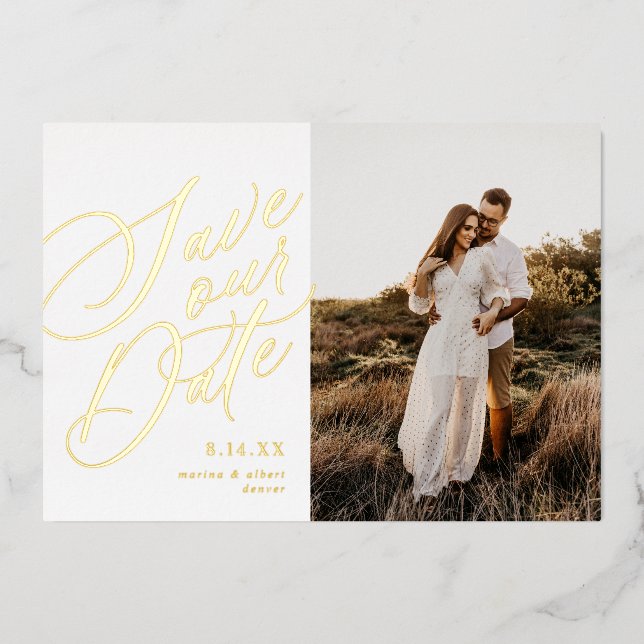 Calligraphy Script Save the Date Photo Gold (Front)