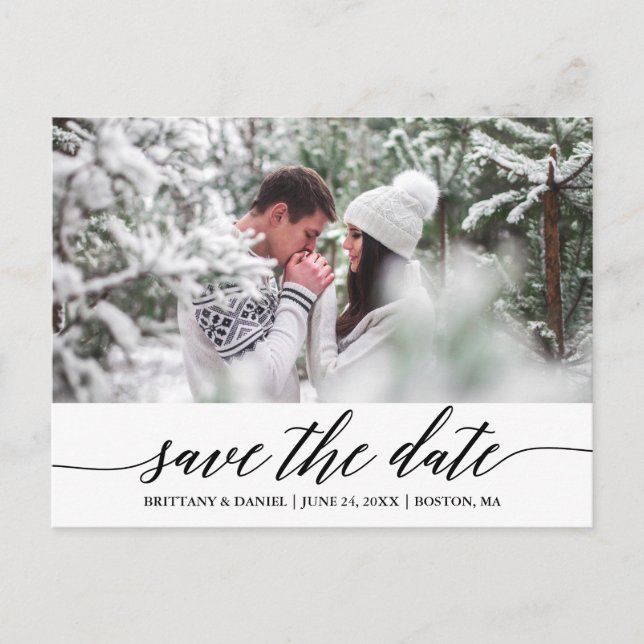 Calligraphy Script Save The Date Photo Postcard (Front)