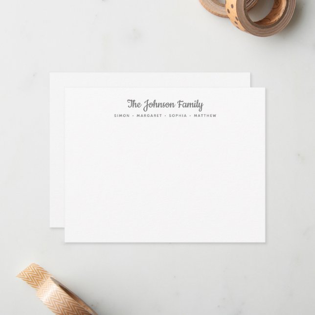 Calligraphy Script Silver Family Name Stationery Card (Front/Back In Situ)