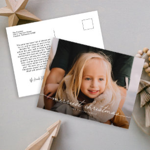 Calligraphy Script Three Photo Merry Christmas  Holiday Postcard