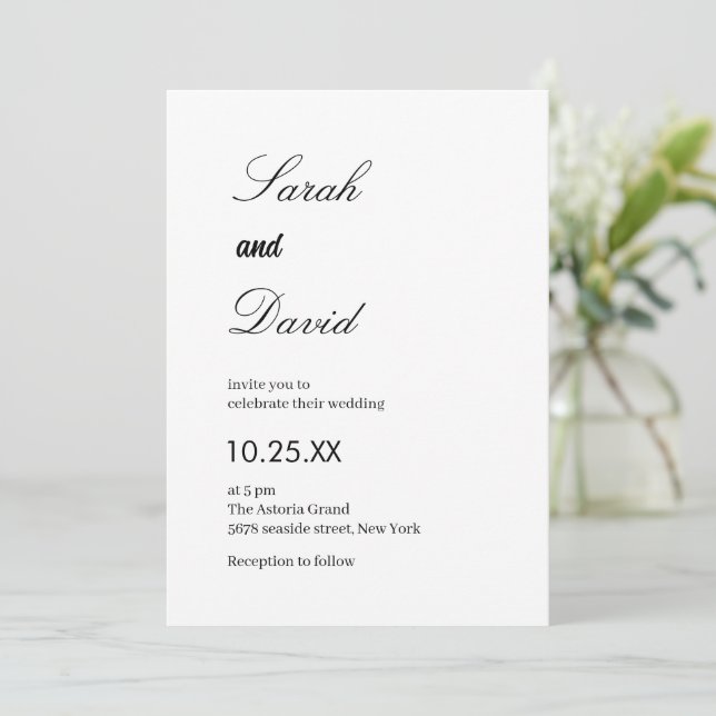 Calligraphy script trendy black and white wedding invitation (Standing Front)