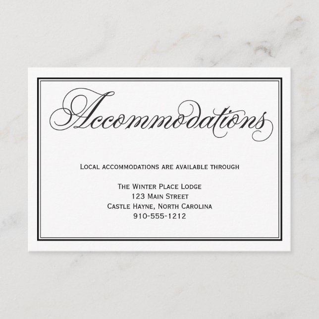 Calligraphy Script Wedding Accommodations Card (Front)