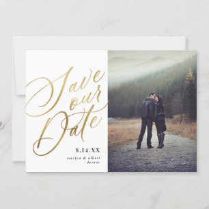 Calligraphy Script White Gold Photo Save The Date
