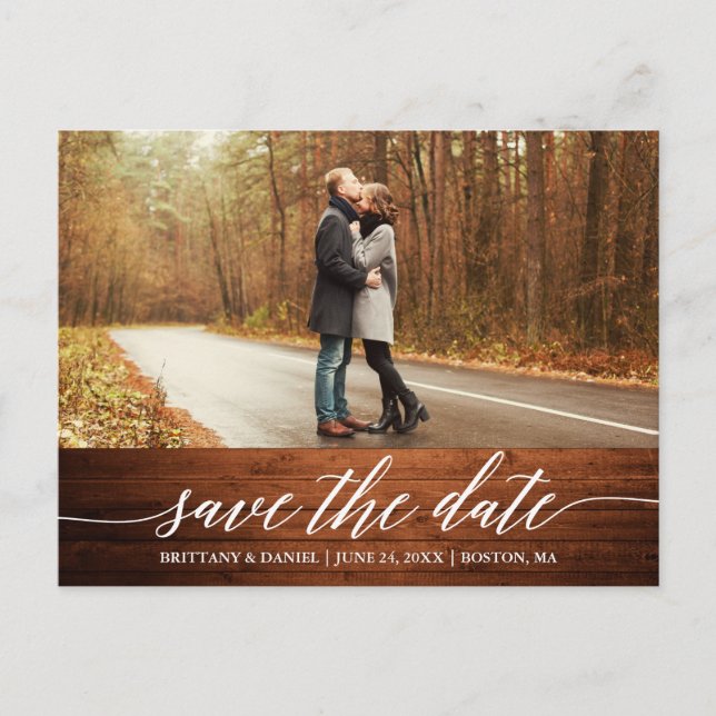 Calligraphy Script Wood Save The Date Photo Postcard (Front)