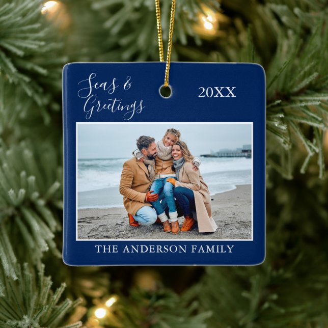 Calligraphy Seas and Greetings Photo Navy Blue Ceramic Ornament (Tree)