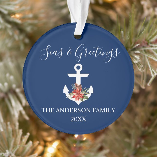 Calligraphy Seas and Greetings Poinsettia Anchor Ornament (Tree)