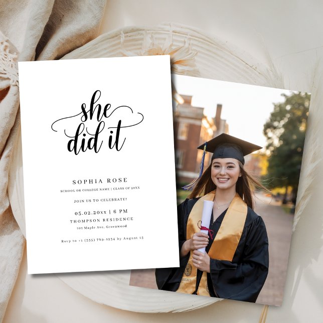 Calligraphy She Did It Minimalist Graduation Photo Invitation (Creator Uploaded)