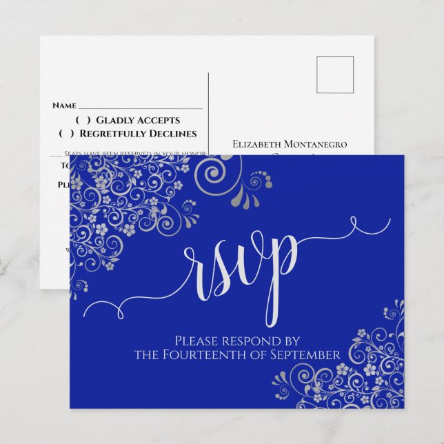 Calligraphy Silver Frills Royal Blue Wedding RSVP Postcard (Front/Back)
