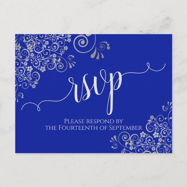 Calligraphy Silver Frills Royal Blue Wedding RSVP Postcard (Front)