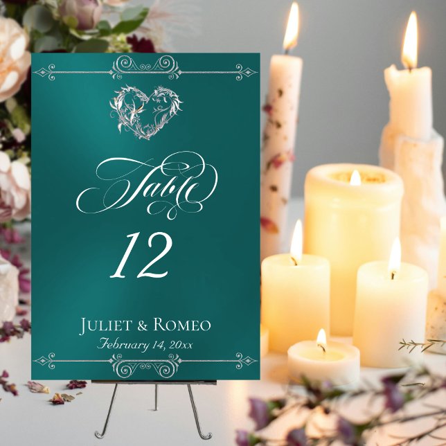Calligraphy & Silver Heart - Teal Table Number (Creator Uploaded)