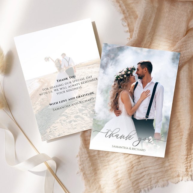 Calligraphy Silver Script Thank You Wedding Photo Card (Wedding silver thank you card with elegant calligraphy script. )