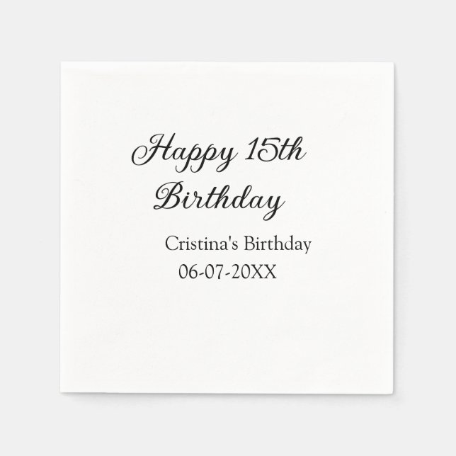 calligraphy simple minimal happy 15th birthday napkin (Front)