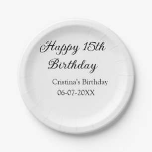 calligraphy simple minimal happy 15th birthday paper plate