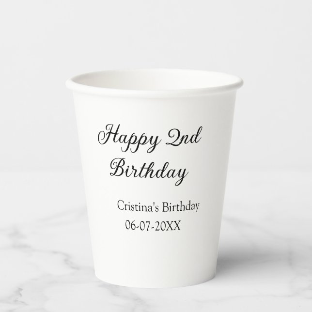 calligraphy simple minimal happy 2nd birthday paper cups (Front)
