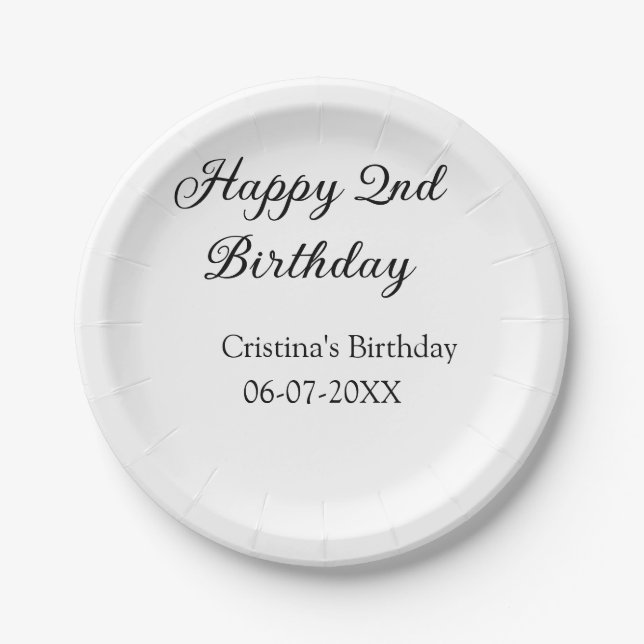 calligraphy simple minimal happy 2nd birthday paper plate (Front)