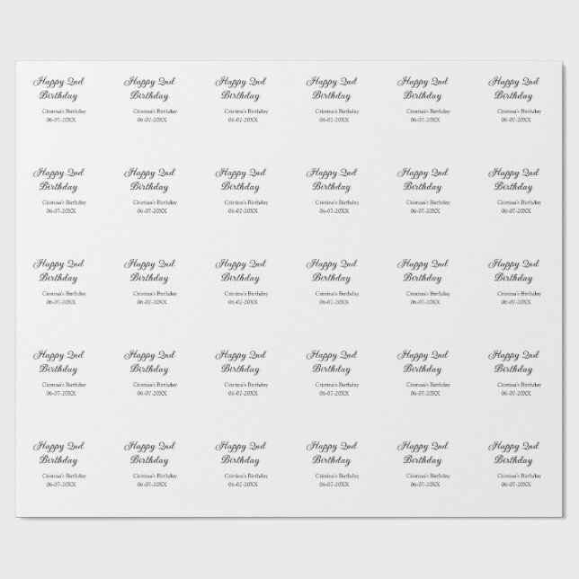 calligraphy simple minimal happy 2nd birthday wrapping paper (Flat)