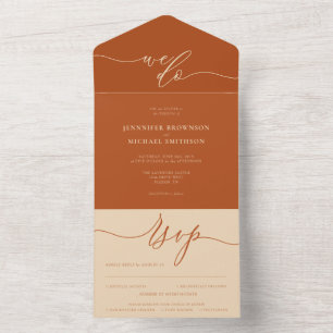 Calligraphy Simple we do beige terracotta Wedding All In One Invitation