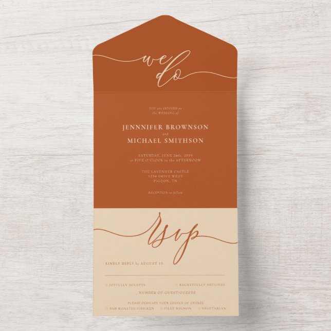 Calligraphy Simple we do beige terracotta Wedding All In One Invitation (Inside)