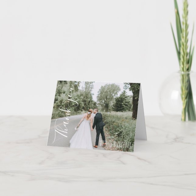 Calligraphy Single Photo Wedding Thank You Card (Front)