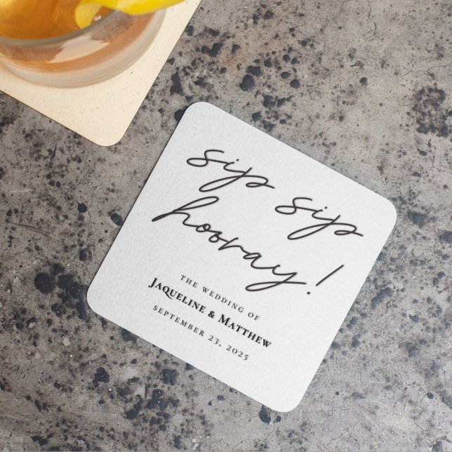 Calligraphy Sip Sip Hooray Black White Wedding Square Paper Coaster (Creator Uploaded)
