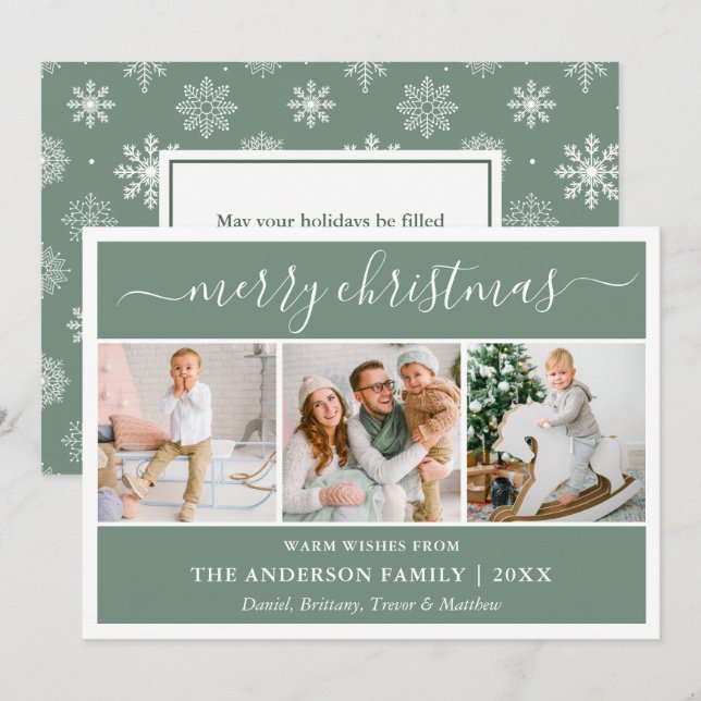 Calligraphy Snowflakes Christmas Green 3 Photo Holiday Card (Front/Back)
