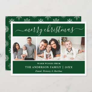 Calligraphy Snowflakes Christmas Green 3 Photo Holiday Card