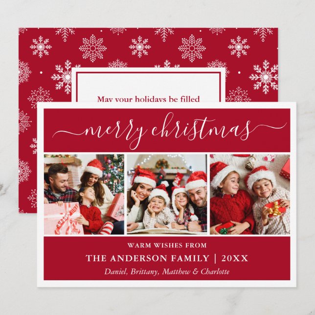 Calligraphy Snowflakes Merry Christmas Red 3 Photo Holiday Card (Front/Back)
